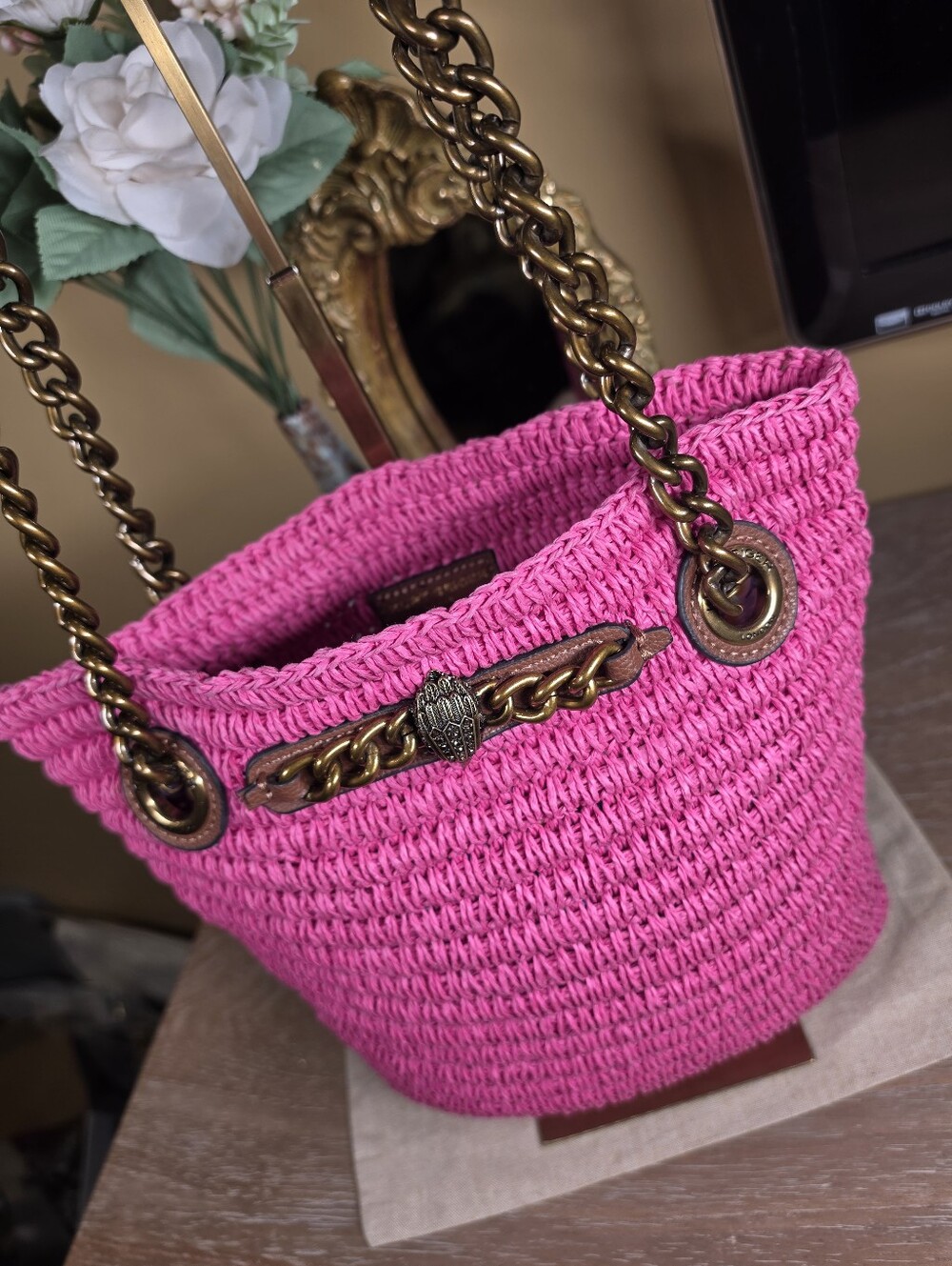 Kurt Geiger Hot Pink Brixton Raffia Chain-Handle Tote Shoulder Bag (Retail $285) - Picture 6 of 14